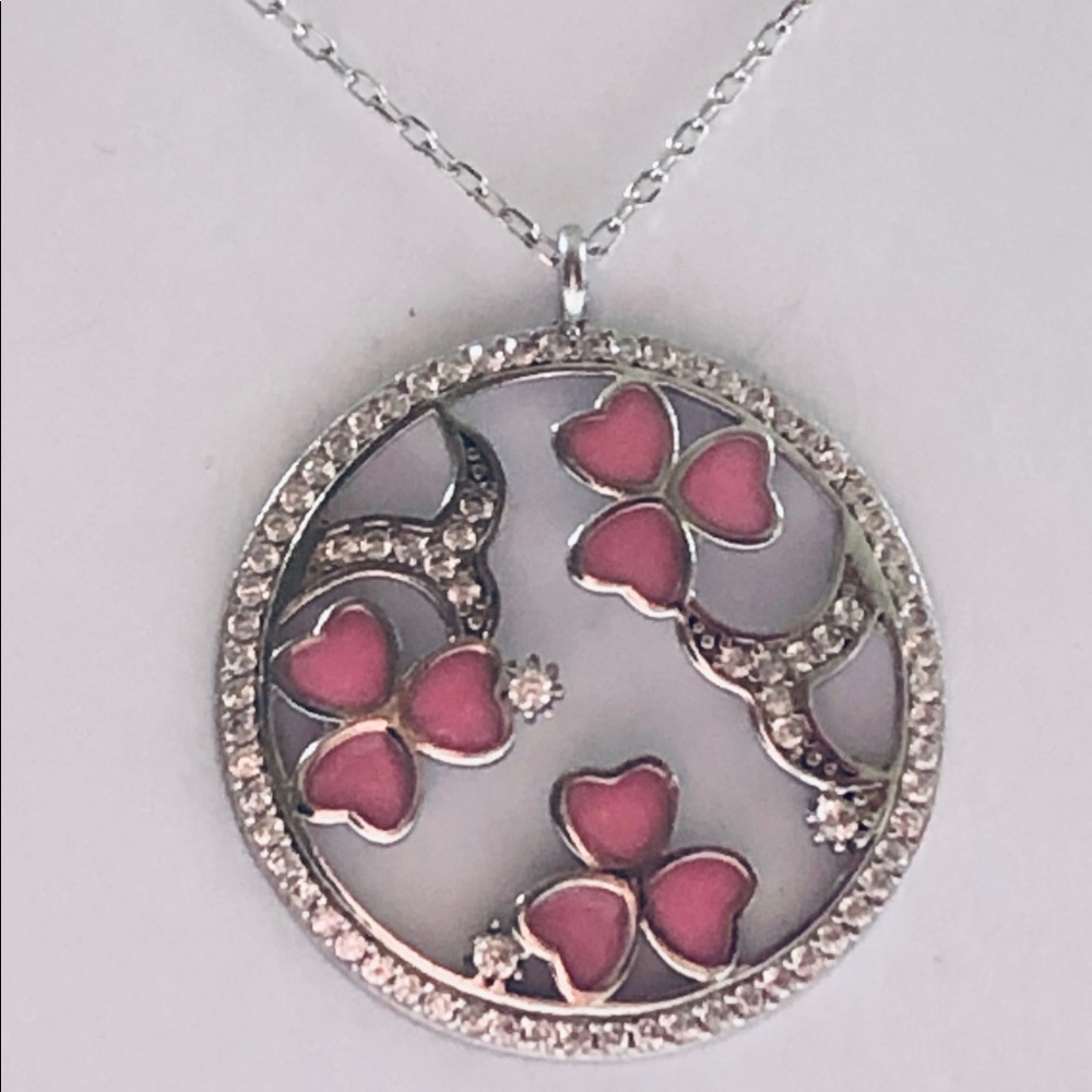 925 Silver clover necklace handmade pink enamel cz - Picture 4 of 4